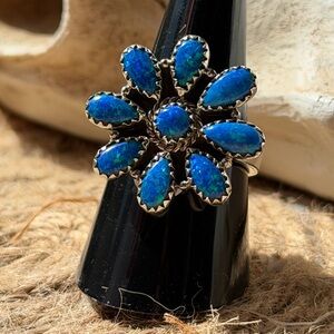 Blue Opal Flower Ring - Sterling Silver